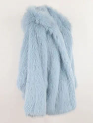 Nerazzurri Winter Oversized Blue White Thick Warm Shaggy Hairy Faux Fur Coat Women with Hood Loose Casual Stylish Fluffy Jacket