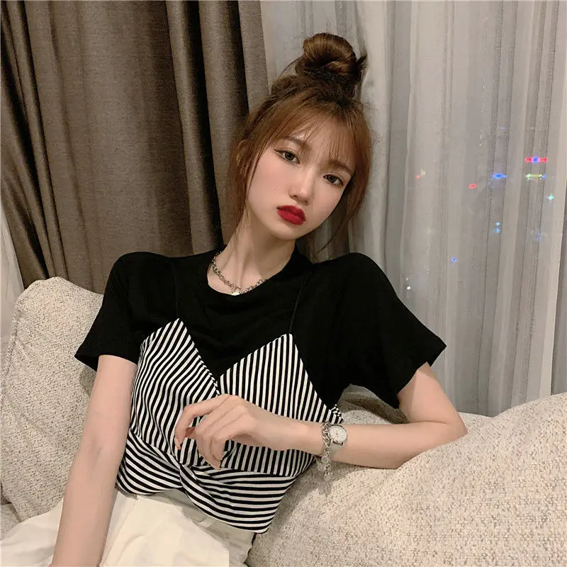 Striped T Shirt Korean Tops Aesthetic Short Sleeve Casual Fashion Women\'s T-shirt Summer Clothes Loose Pulovers Elegant White Xl