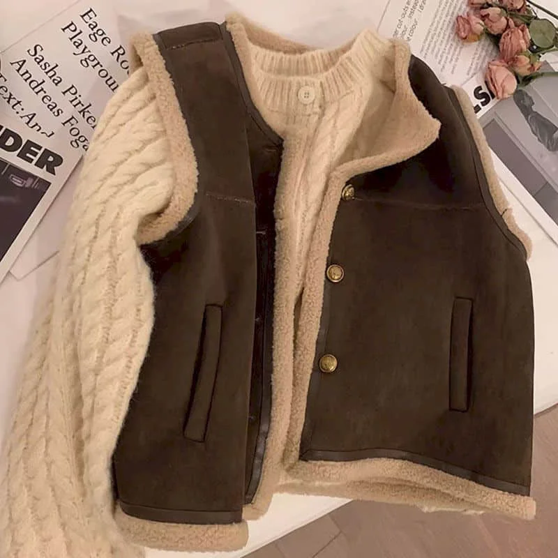 Gilet in pile per donna gilet in peluche con scollo a v cardigan Casual senza maniche giacche oversize invernali in pelo di agnello top larghi da donna