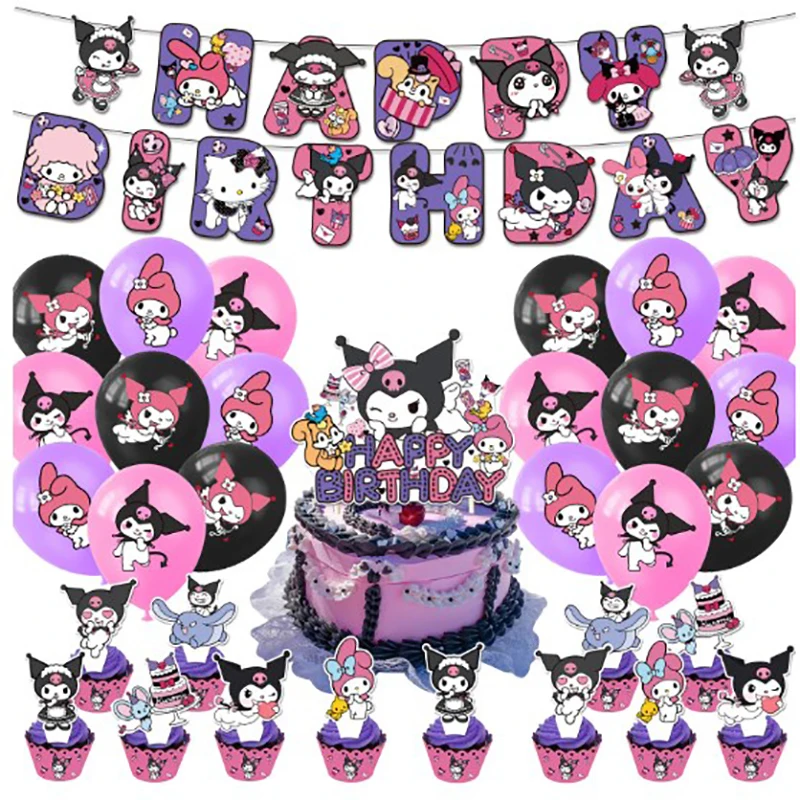 Cute Sanrio Kuromi Birthday Party Decoration Cake Topper Insert Set Balloons Tableware Kids Gifts Party Supply