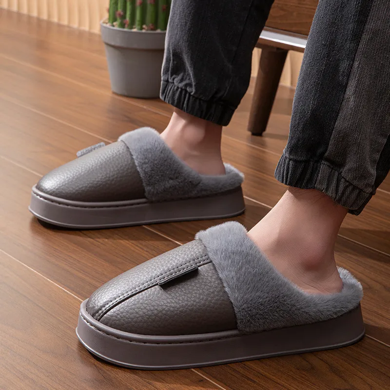 Big Size Men Winter Slippers Home Warm Shoes Platform Slides Waterproof PU Leather Couples Outdoor Non-Slip Furry Plush Flats