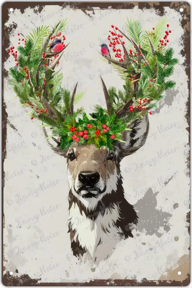 Zomyto Winter Metal Tin Signs Reindeer Vintage Tin Sign Christmas Holly Home Decor Cabin Wall Sign Decor Watercolor Rustic Deer