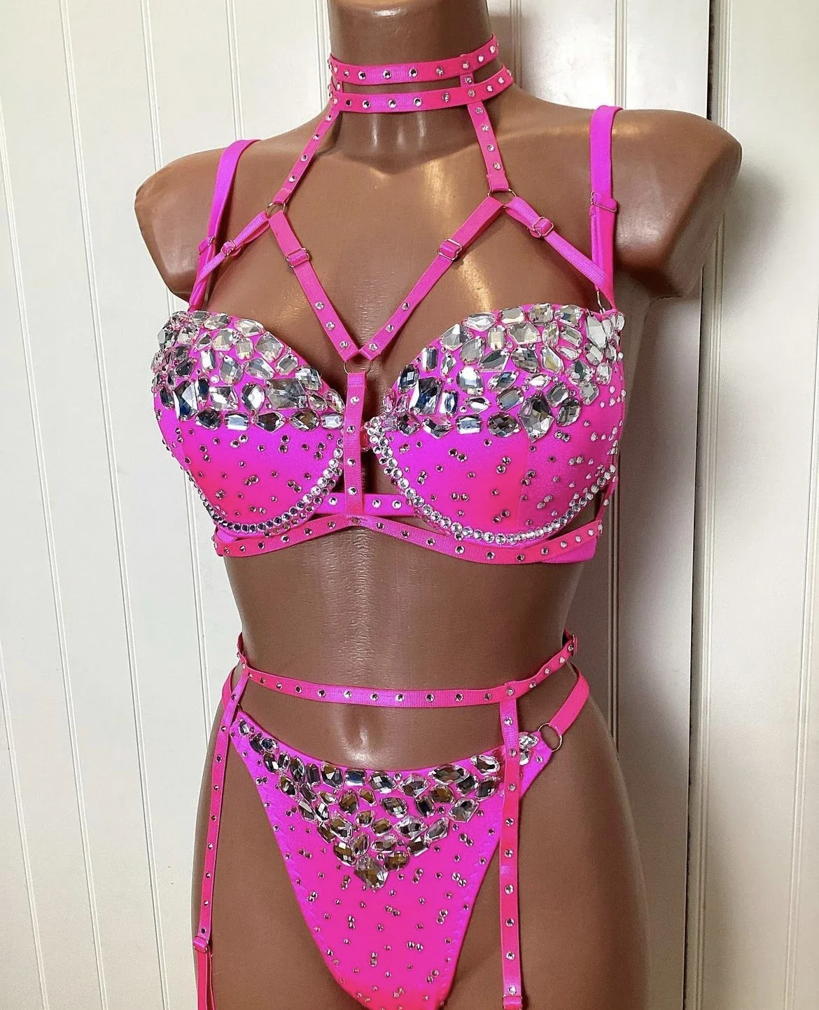 Costume de Pole Dance avec Strass Roses, Bikini, Discothèque, Bar, GKnitting, Performance, Dj, Ds, Rave Outfit