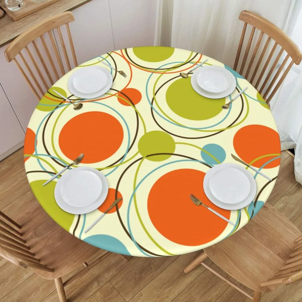 Round Table Cloth Geometry Green Orange Circle Tablecloth Elastic Edge Fitted Table Cover Fits Tables Up to 40