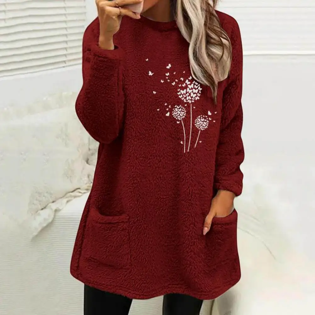 Women Winter Sweatshirt Flower Print Thicken Plush Long Sleeves O Neck Cold-proof Side Pockets Fall Sweatshirt Female Clothes