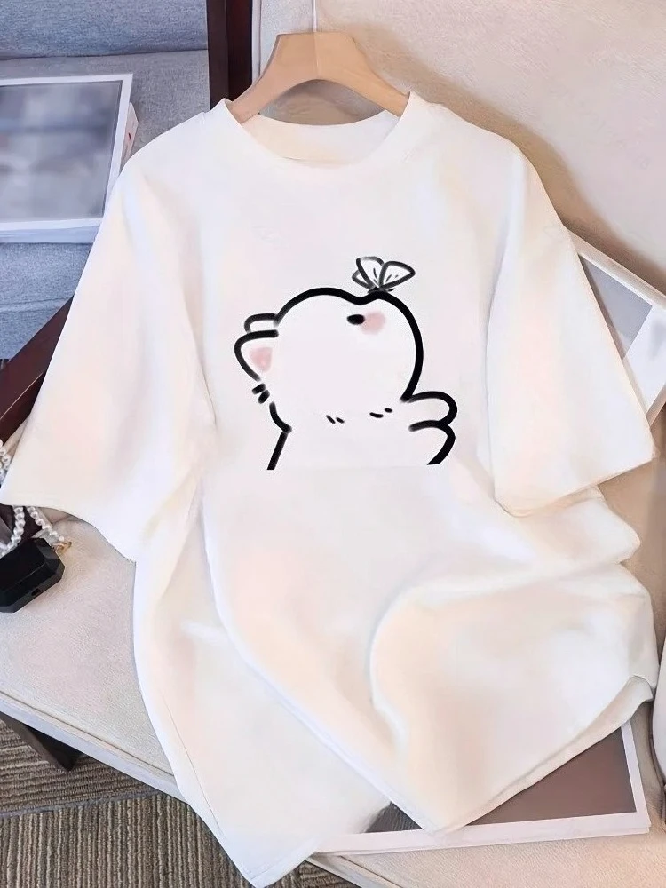 

Женская футболка с милым принтом котенка и бабочки, стильный модный универсальный топ с короткими рукавами в стиле Харадзюку, повседневный простой топ с круглым вырезом