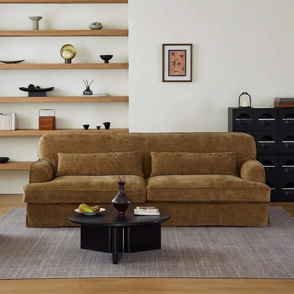 American retro detachable straight sofa living room small apartment wabi-sabi style designer chenille fabric sofa