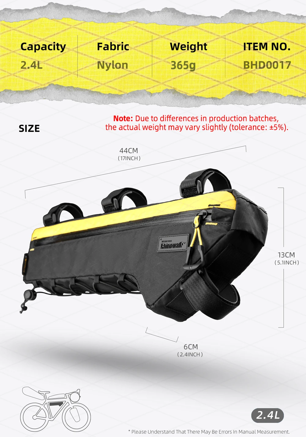 Rhinowalk Fahrrad-Dreiecksschlauchtasche, wasserabweisend, 1,7 l/2,4 l/2,9 l, Fahrrad-Rahmentasche für MTB und Rennrad, Querträger-Aufbewahrungspaket – Detail 16