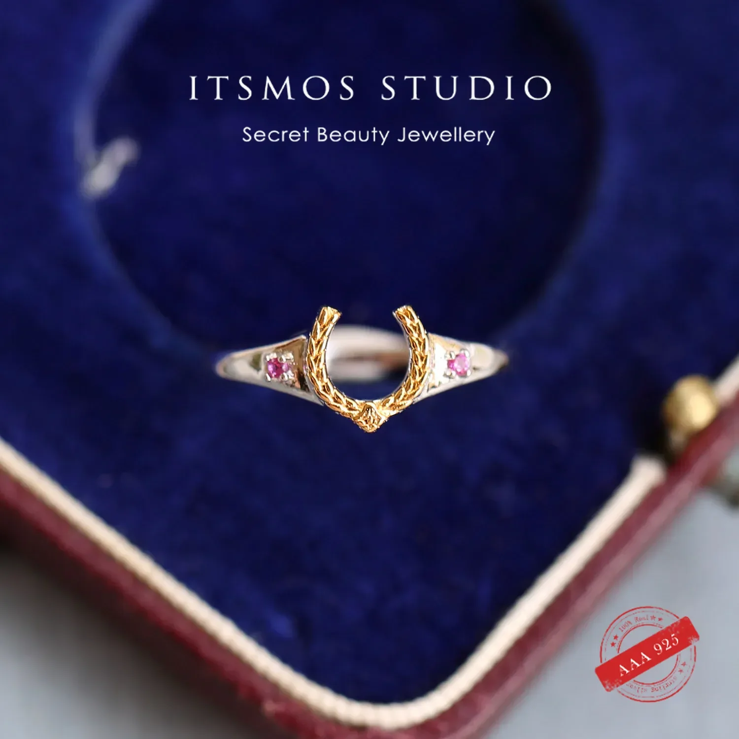 ITSMOS Lucky Horseshoe Panicle s925 Sterling Silver Created Ruby Ring Dainty Stacking Japanese Finger Ring for Women Girl Gift