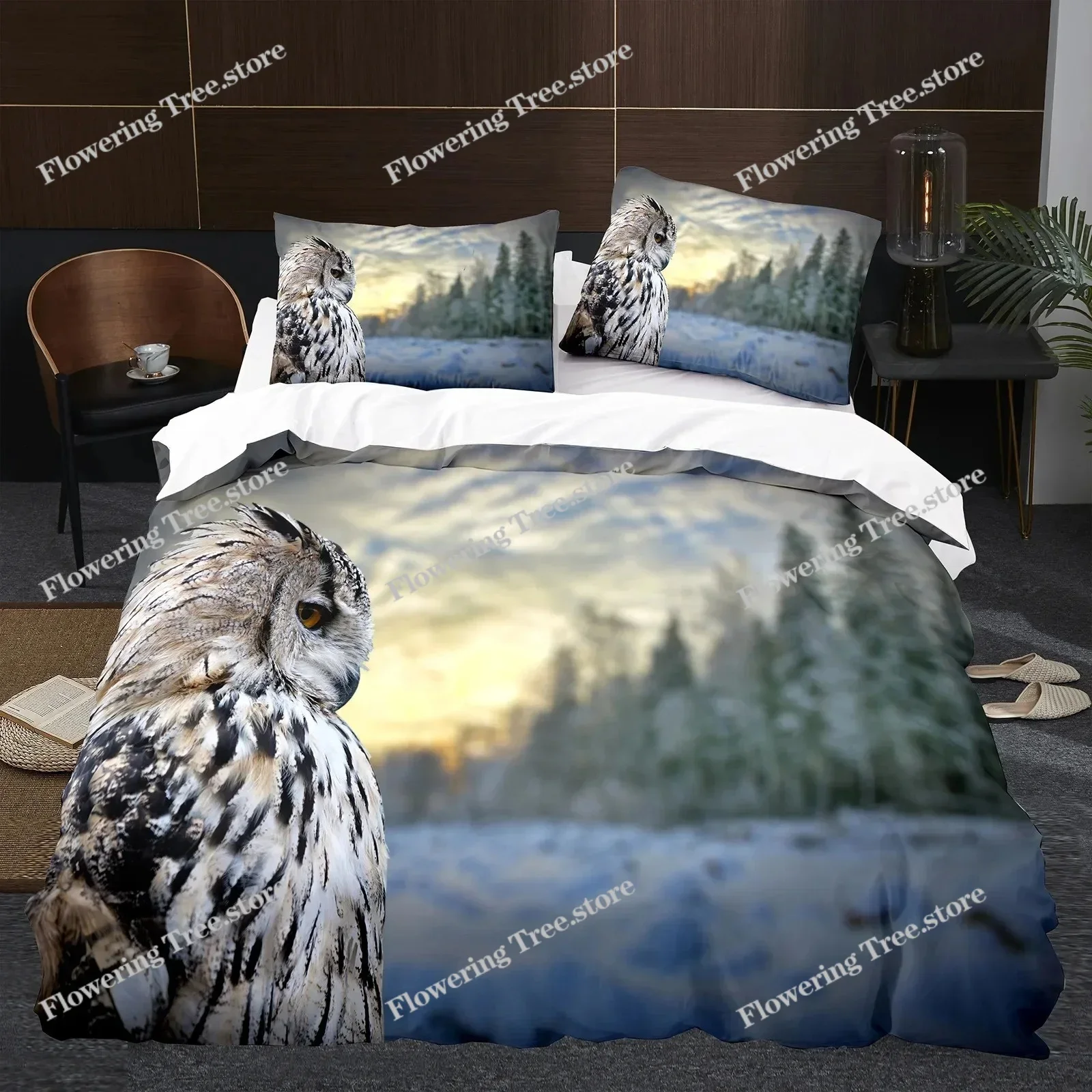

Owl Boys Youth Duvet Cover Set King Queen Cool Black Nighthawk Safari Wildlife Comforter Cover Bird Animal Polyester Bedding Set