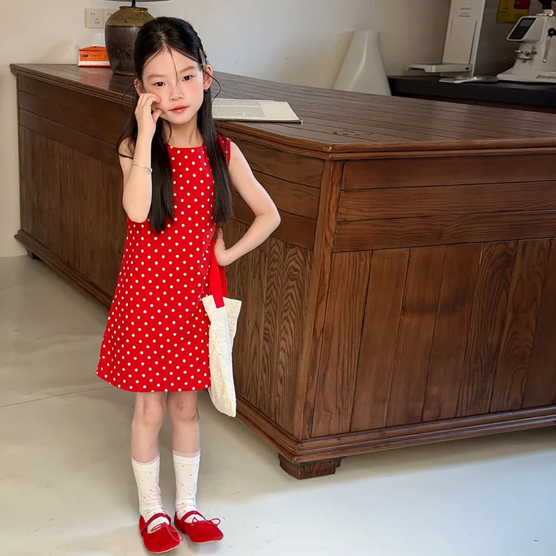 

Fashion Backless Princess Dress for Girls Retro Red Polka Dot Tank Top Dress 2026 Summer New