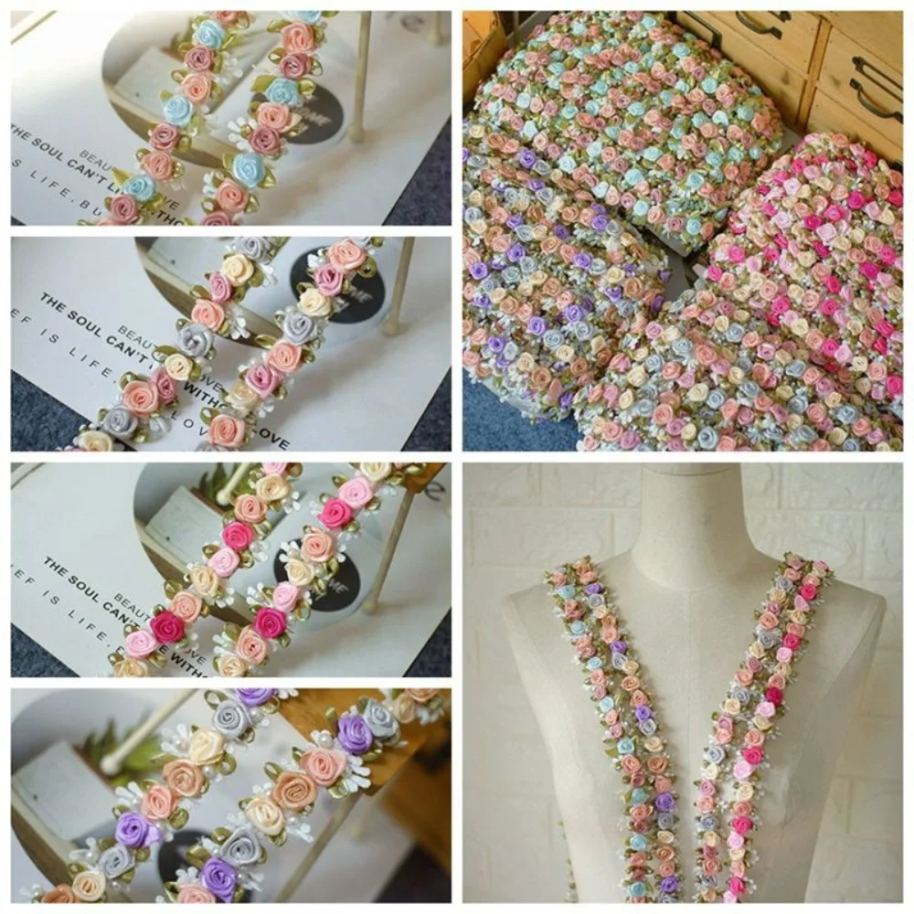 1Yard 2.5CM Wide Embroidery Rose Flower Beaded Lace Ribbon for Fringe Trim Braid Decor Crafts Applique Collar Sewing Materials