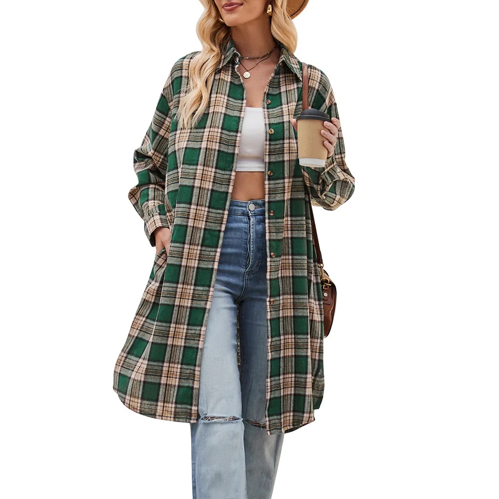 2024 Spring Autumn Women Long Shirt Female Casual Loose Windbreaker Plaid Shirt Women\'s Trench Coat Classic Retro Style Clothes