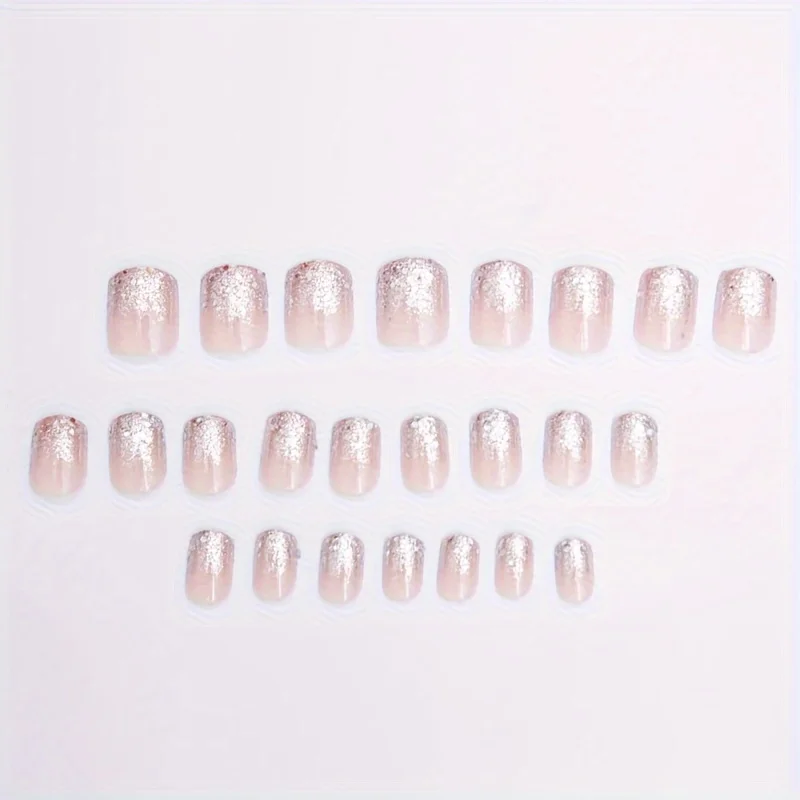 24-teiliges silbernes Glitzer-Patch-Kunstnägel-Set, kurz, quadratisch, vollständige Abdeckung, französische funkelnde Strass-Kunstnägel für Damen