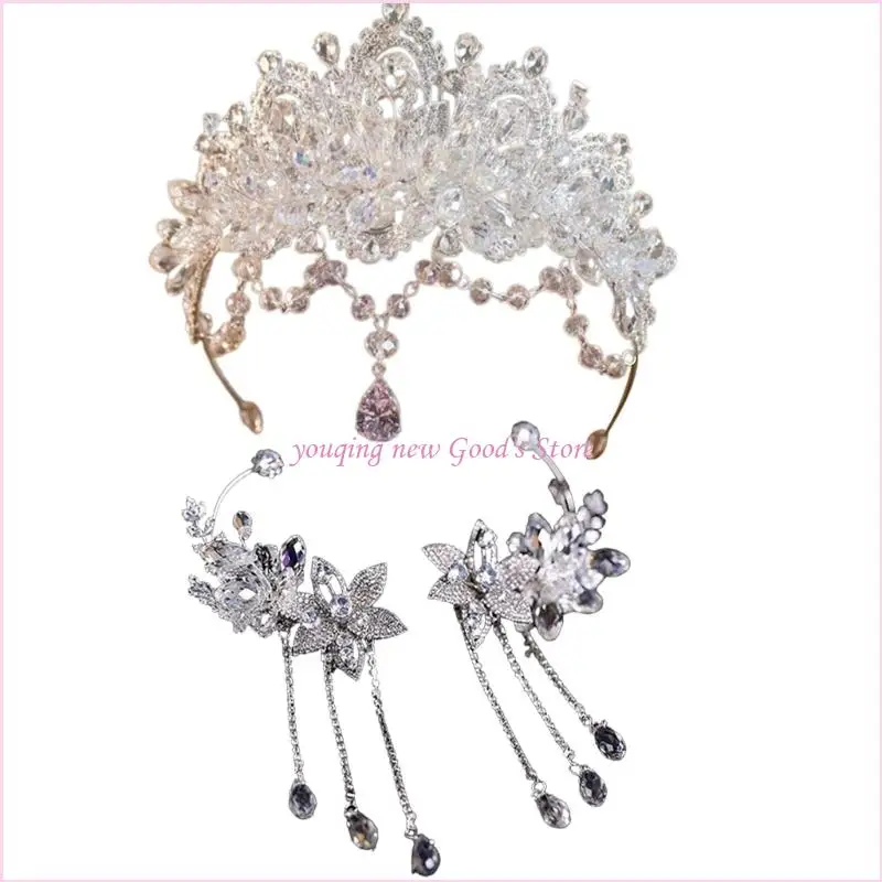 

57QA Bridal Rhinestones Crowns And Earrings Set For Princess Wedding Party Accessories