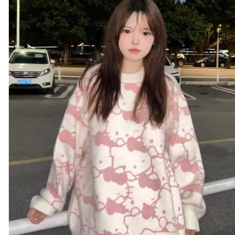 Kawaii مرحبا كيتي سترة سانريو فتاة الرجعية الخريف والشتاء معطف كلية نمط الحياكة سترة سترة جديدة الكرتون فضفاض Y2K