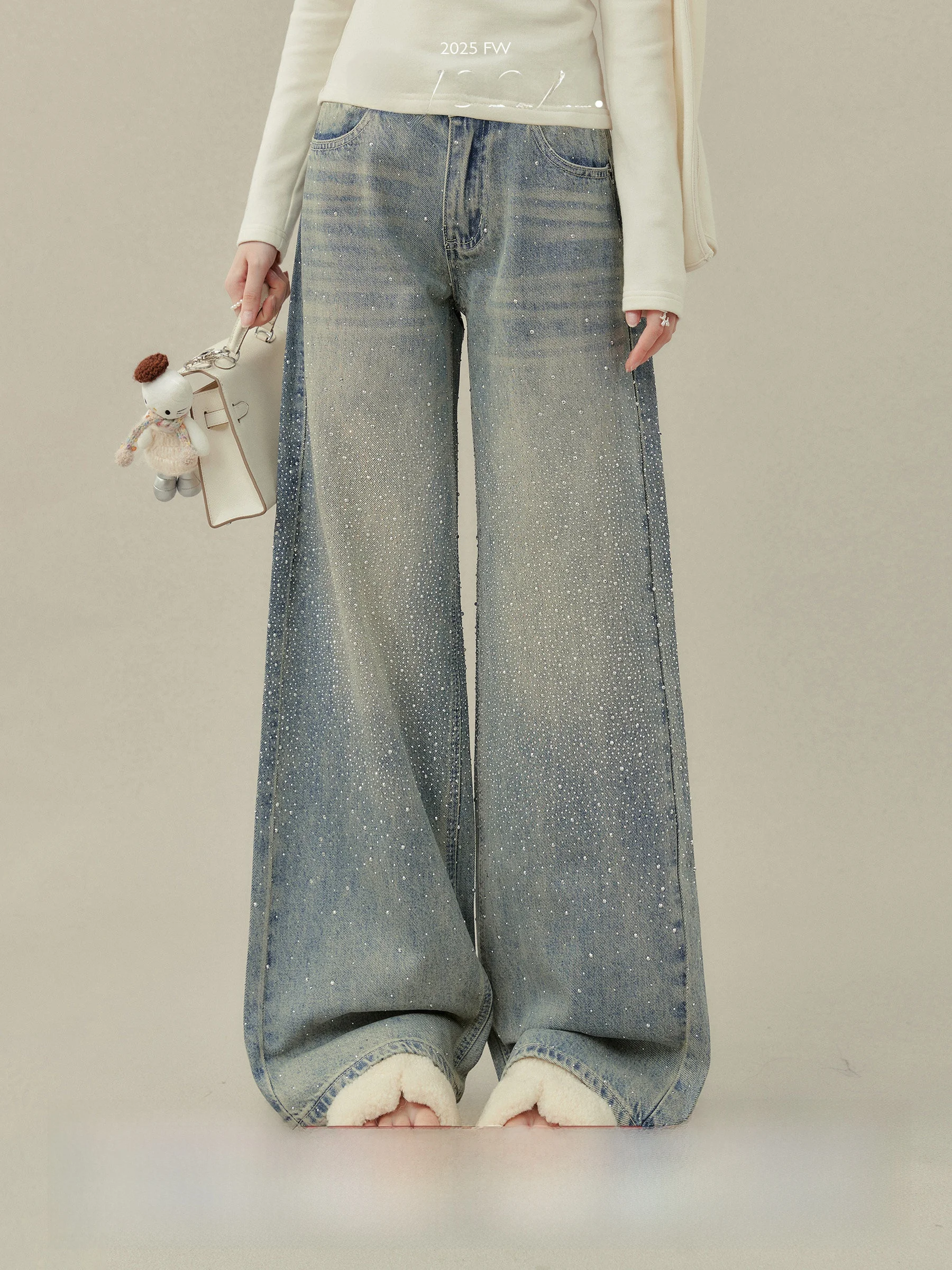 

Женские зимние повседневные джинсы Galaxy с высокой талией, широкими штанинами и яркими пайетками, джинсовые брюки с блестящими пайетками