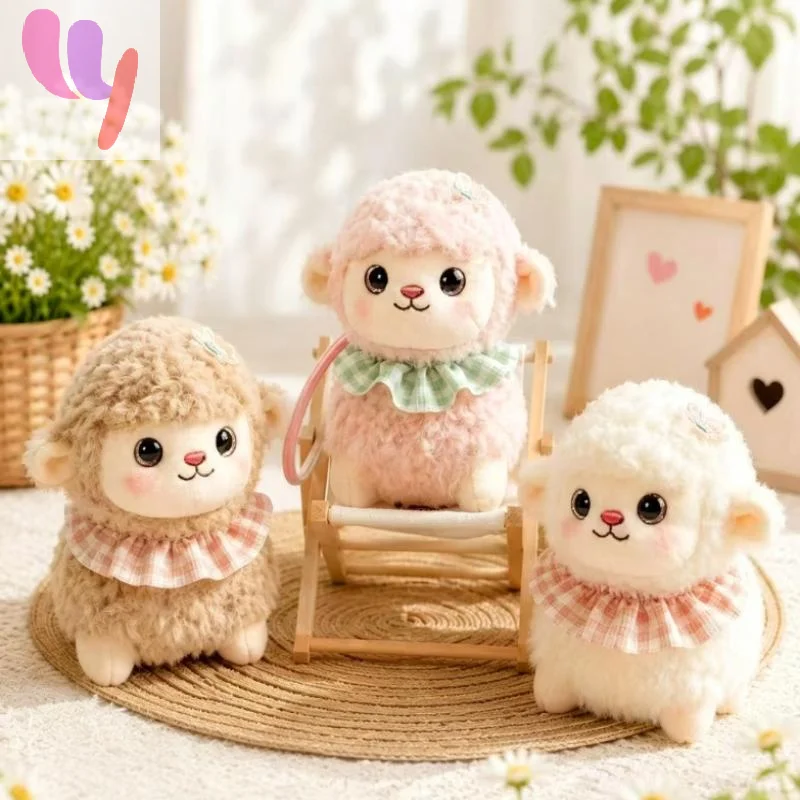 Hot Sale Soft Fluffy Lamb Plush Toy With Fuzzy Fabric Cute Plaid Ruffle Collar Perfect Kids Gift Bedroom Decor