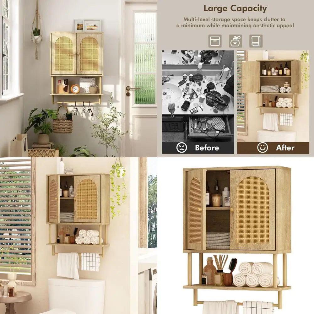 

Natural Medium Rattan Bathroom Wall Cabinet with Arched Doors, Over Toilet Storage, Adjustable Shelf & Towel Bar