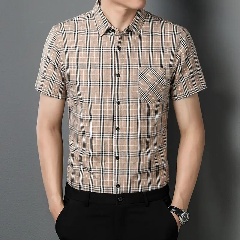 Premium Wrinkle-Free Men's Short Sleeve Shirt Slim Fit Plaid Design Summer Casual Top with Pocket