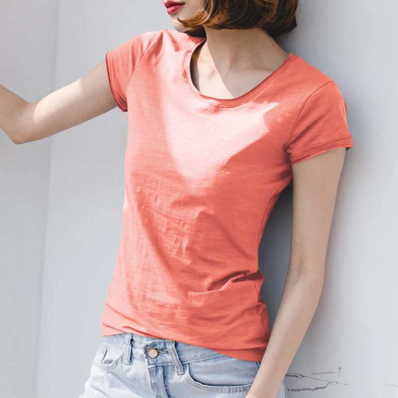 All Match Slim 100% Cotton Women T-Shirts 2024 Summer New Short-Sleeved Casaul Solid Female Buttoming Pulls Tops Tees