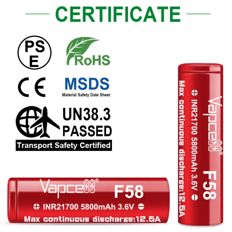 Original Vapcell High-capacity Battery F58 INR 21700 Battery 5800mah 12.5A 3.6 V Rechargeable Lithium Ion Battery For Flashlight