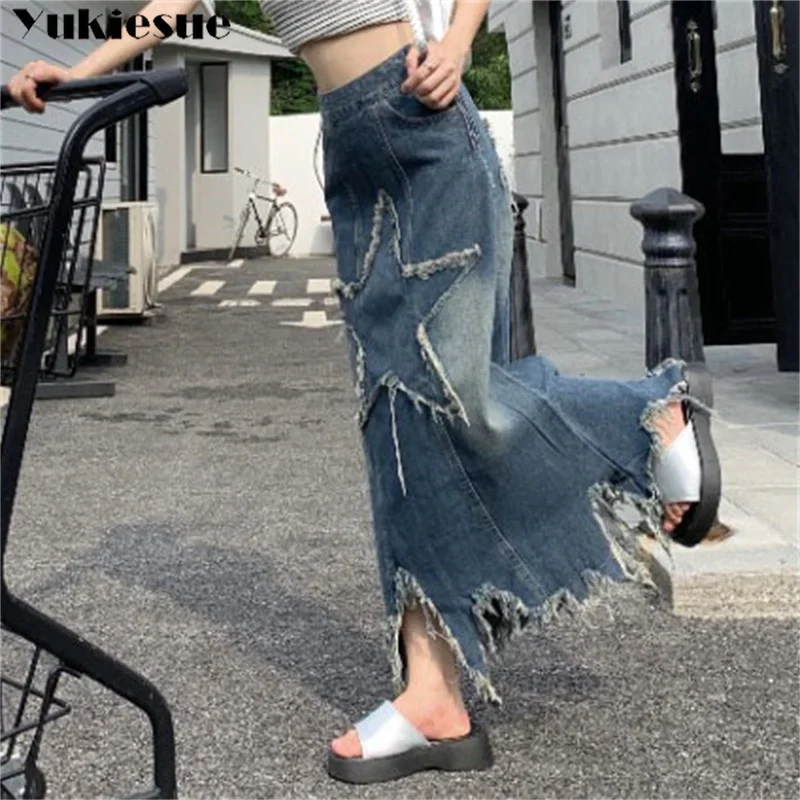 Women Skirt 2025 Summer Y2K New Style Streetwear Vintage Star Knee Length Denim Midi Long Skirt High Waist Straight Denim Skirts