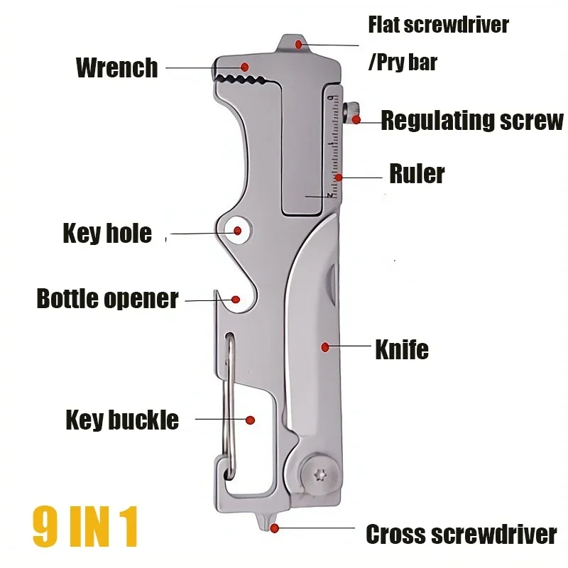 9-in-1 Mini EDC Stainless Steel Multi Functional Knife Wrench Keychain Pendant Bottle Opener Delivery Tool