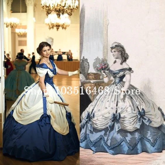 1860 Vintage Victorian Evening Dress Elegant Blue and White Laced Applique Pleated Medieval Historical Time Ball Prom Dress