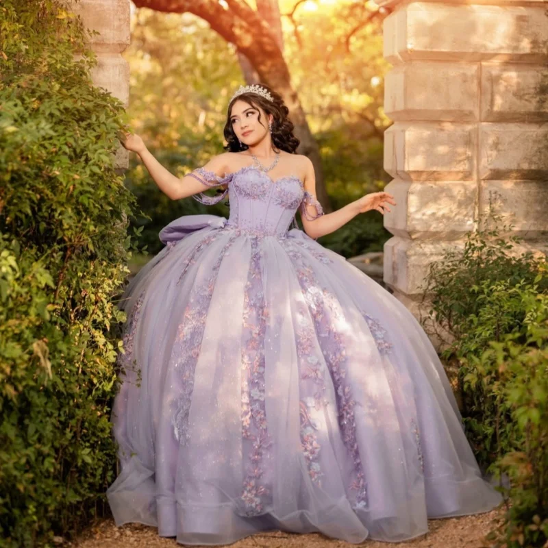 

Lavender Quinceanera Dresses Off the Shoulder Glitter Crystal Flower Decal Long tail Bow Vestido De 15 Quinceanera Customize