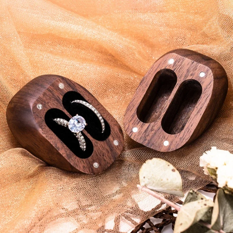 Engraved Walnut Wood Heart-Shaped Double Ring Box for Wedding/Anniversary Gifts Jewelry Organizer
