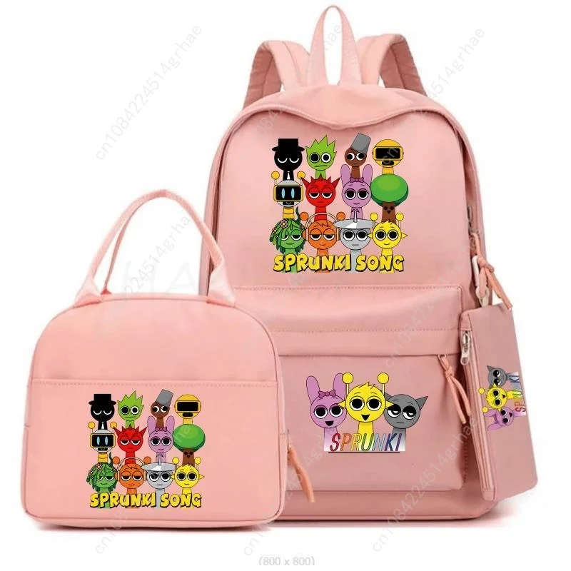 Tas Sekolah Anak Laki-laki Perempuan Sprunki 3Pcs/set, Ransel Warna-warni Remaja, Tas Buku Sekolah Kartun dengan Tas Makan Siang, Hadiah