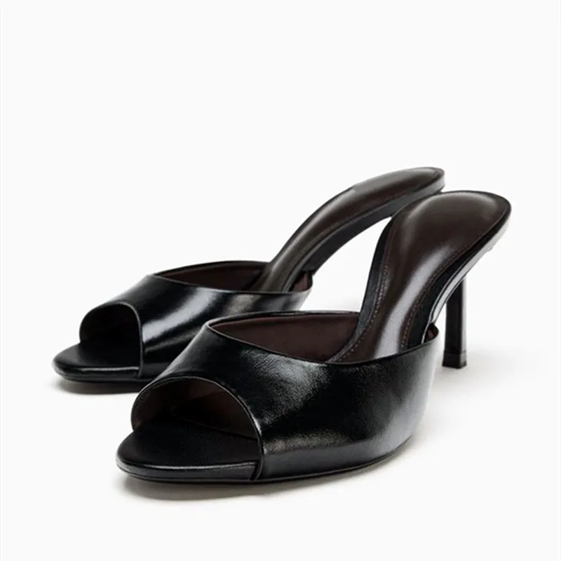 

Сексуальные женские тапочки из мягкой кожи с открытым носком, летние элегантные женские туфли на высоком каблуке, удобные шлепанцы, 2026, дизайнерская обувь