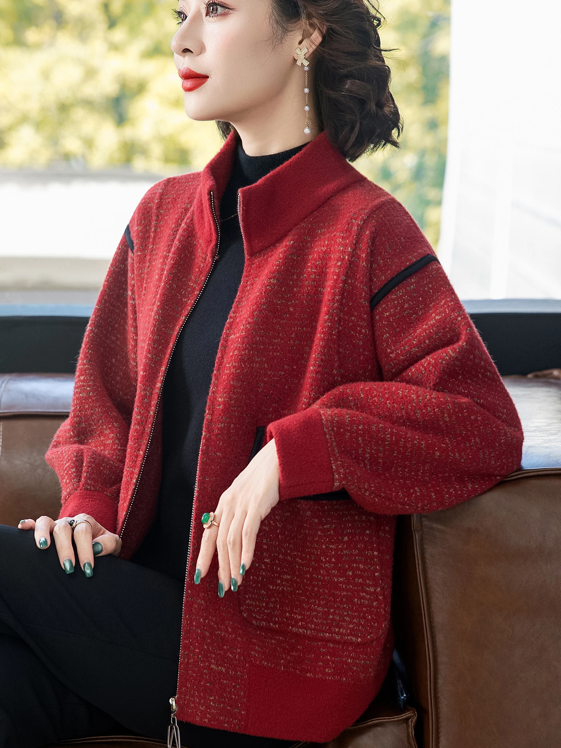 

Женский модный шерстяной открытый кардиган с воротником-стойкой, свободная повседневная верхняя одежда, женская одежда среднего возраста, удобное пальто на молнии