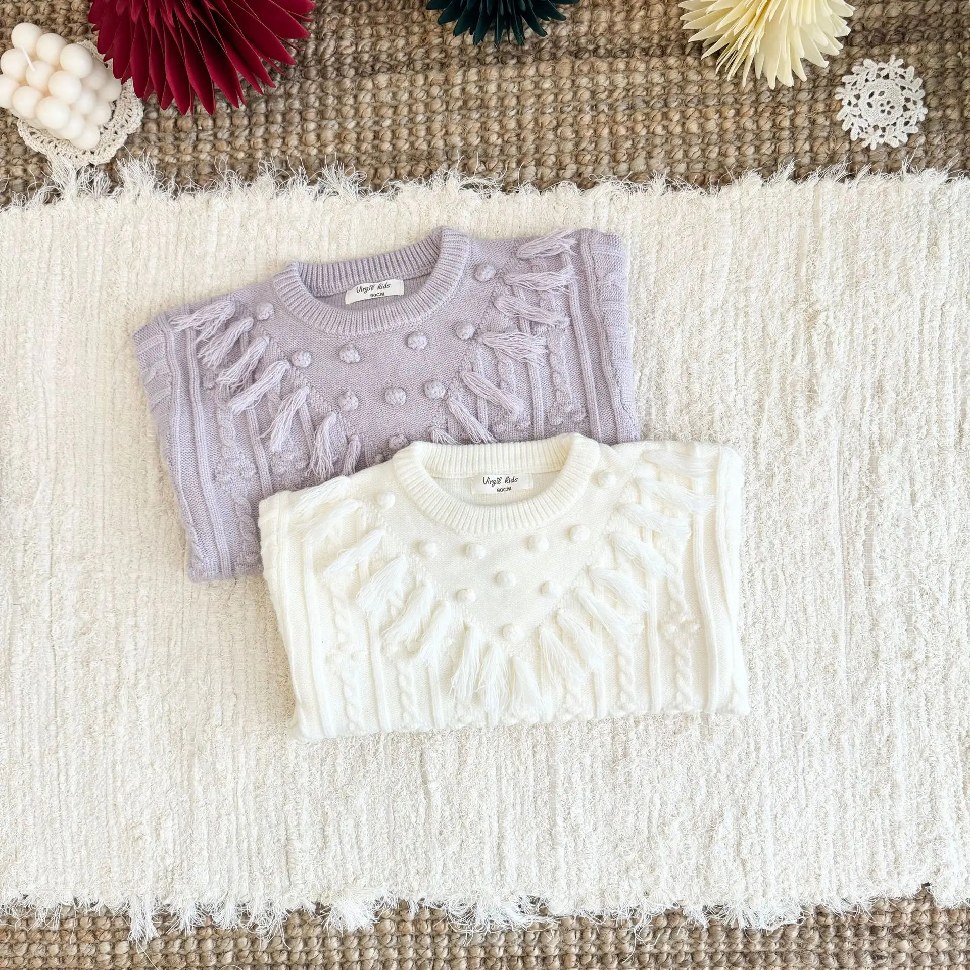 2026 Fall Winter New Korean Girls Sweater Baby Girl Solid Stylish New Fashion Pom Pom Cute Handmade Sweater
