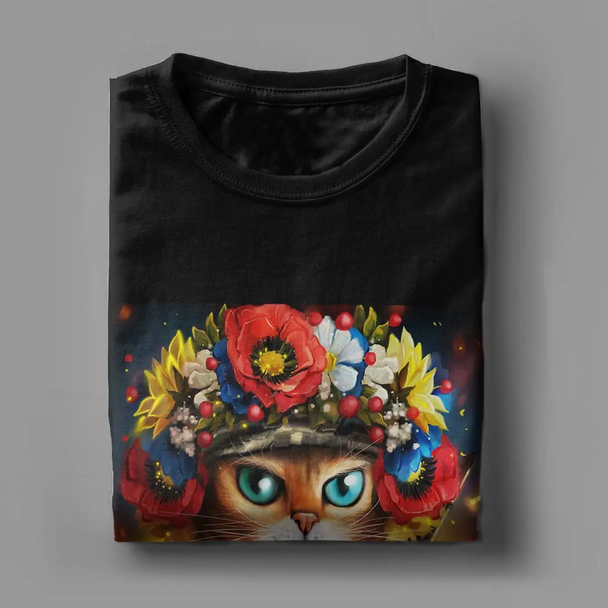 Ukrainian Cat Soldier In A Wreath Of Flowers t shirt for men  Short Sleeve 100% Cotton Graphic Ukrainian Defender of Ukraine