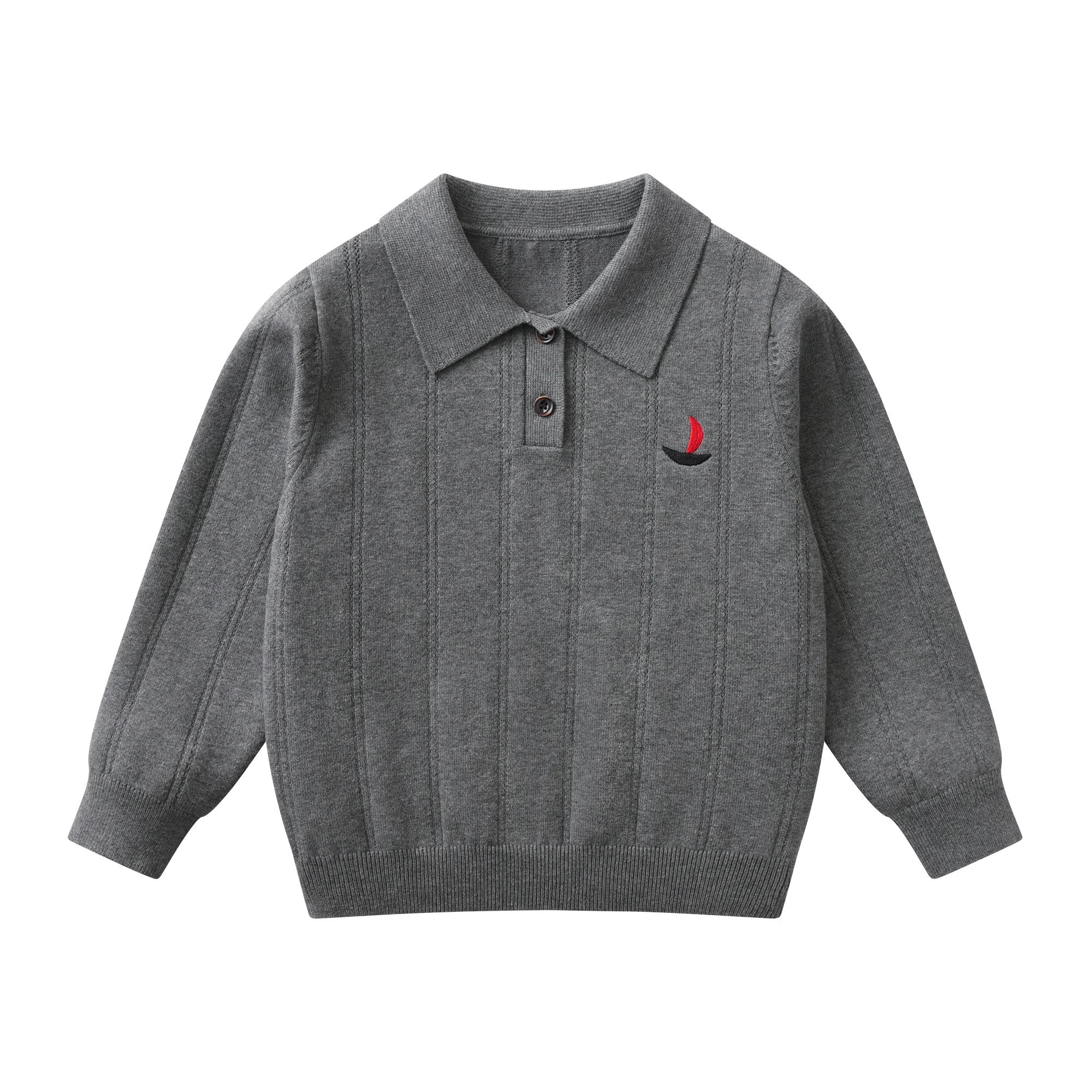 Kids Long Sleeve Knit Polo Shirt Sailboat Embroidery Collar Soft Cotton Sweater for Boys