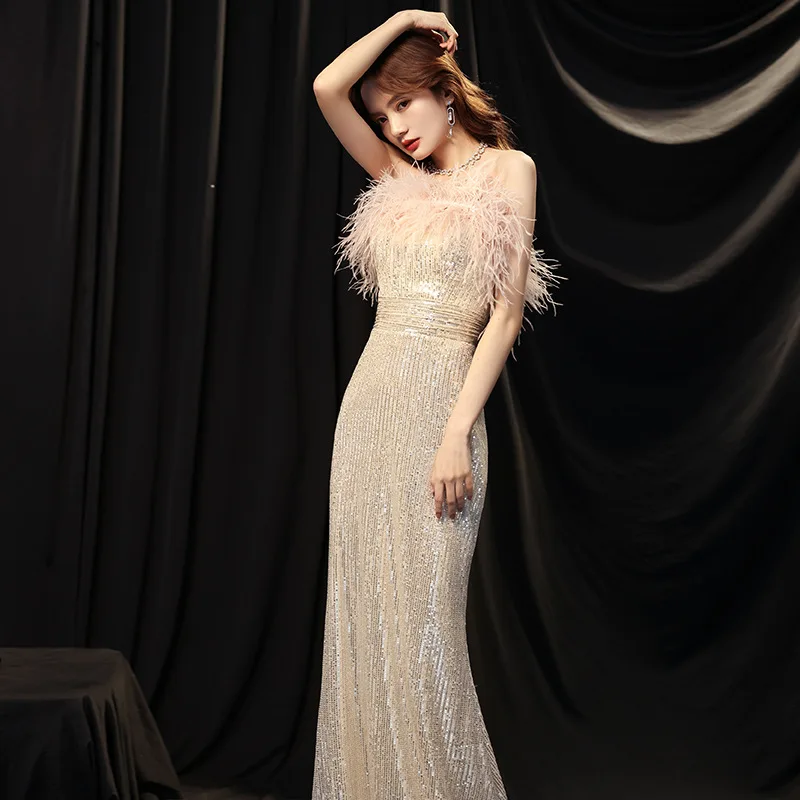 Abito da banchetto per donna 2024 Nuovi abiti da donna lunghi con paillettes per riunioni annuali, abiti da sera a coda di pesce