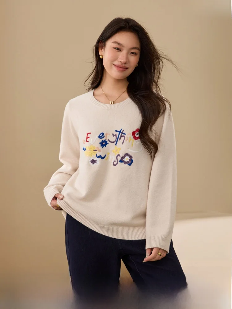 

Теплый свитер с объемной вышивкой и круглым вырезом, больших размеров, зимний, модный, женский трикотаж с цветочным узором, для повседневной носки
