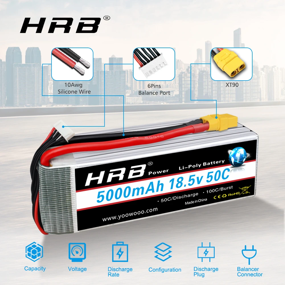 HRB18.5V 5000mAh 5S High Capacity RC Lipo Battery with XT90 Plug for Helicopter Airplane Car Boat Truck 10S Drone DIY