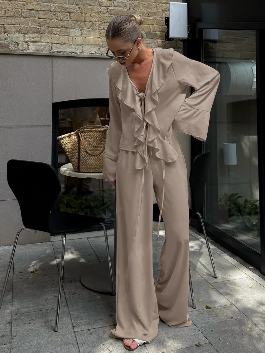 Marthaqiqi Casual Female Nightgown Suit Lace Up Pajama Long Sleeve Nightwear Sexy V-Neck Sleepwear Pants Loose Women Nightie Set