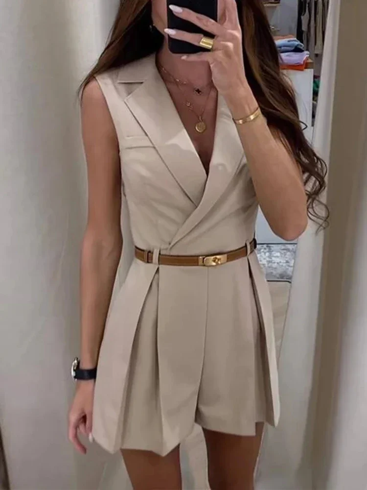 

Summer Casual Solid Waist Shorts Romper Elegant Lady Turn-down Collar Blazer Jumpsuit Sexy Sleeveless Draped Slim Playsuits