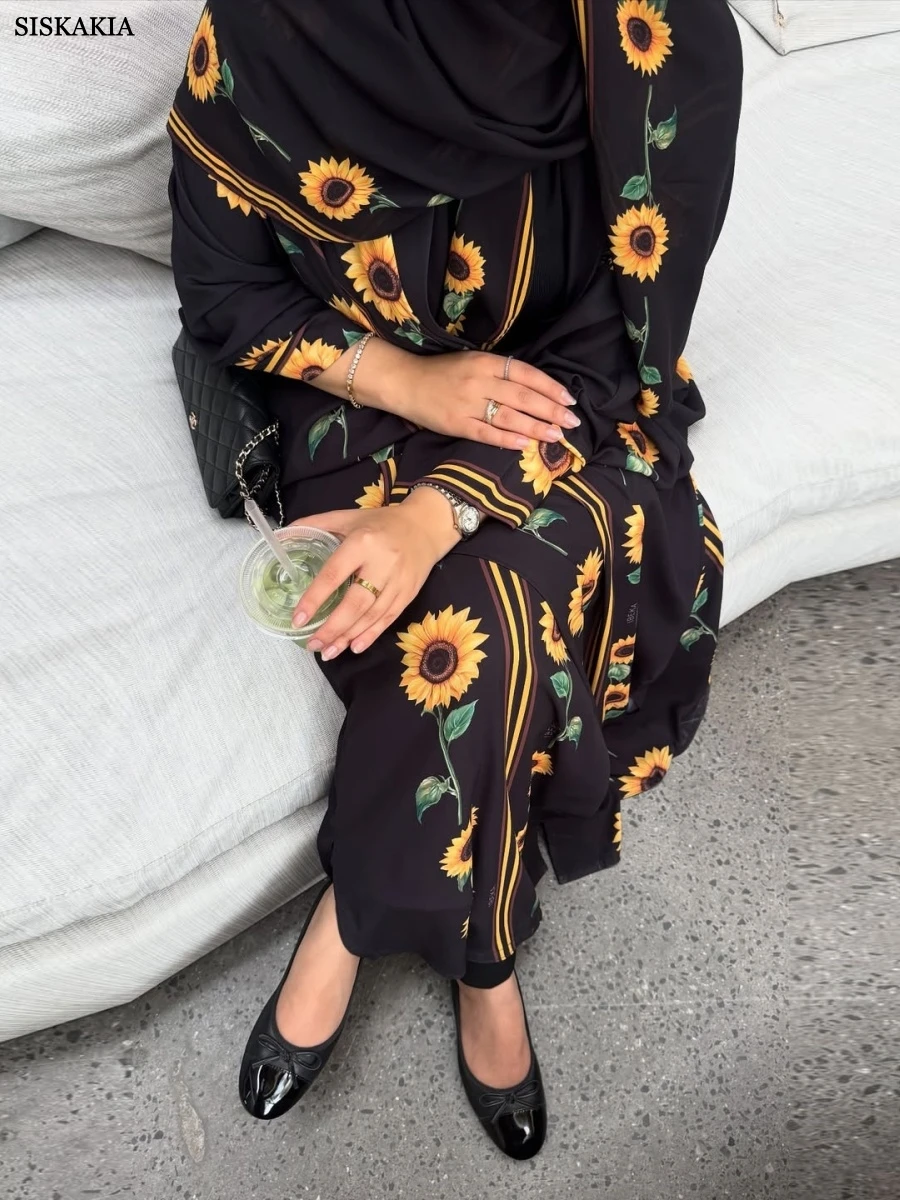 

Siskakia Dubai Floral Print Open Abayas Femme Hijab included Muslim Fashion Long Kaftan Hijab Clothing Women
