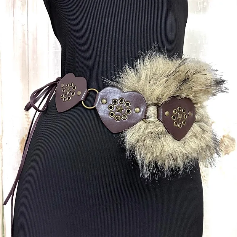 

Women's Vintage Faux Fur Patchwork Heart PU Leather Corset Female Cummerbund Coat Waistband Dress Decration Wide Belt J1330