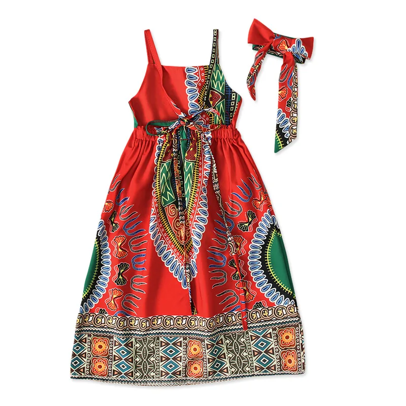 African Fashion Cute Kids Dashiki Print Bazin Riche Dress Girl Clothes 2PCS African Dresses for Baby w/ Headband Toddler Outfits