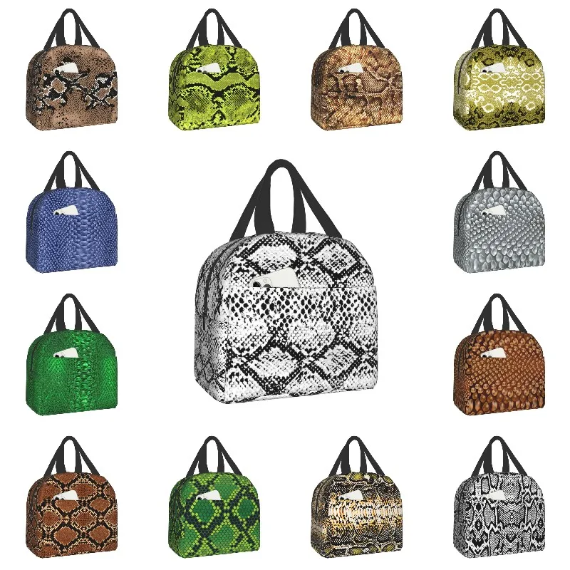 

Snake Skin Texture Insulated Lunch Bags for Women Snakeskin Print Portable Cooler Thermal Food Lunch Box School Travel Picnic