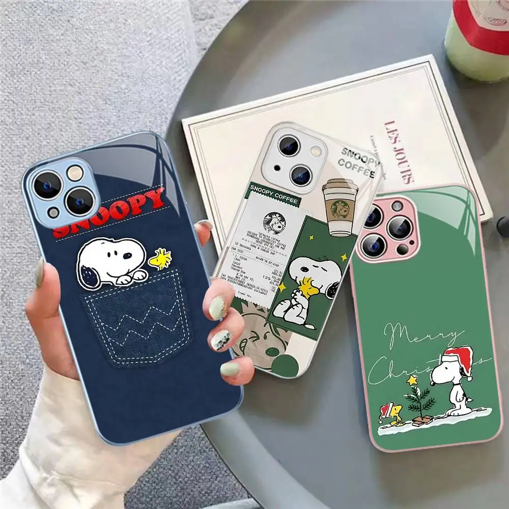 Cute Cartoon S-SnoopyS Coffee For IPhone 14 13 12 Mini 11 Pro XS Max X XR 14 Plus Tempered Glass Cover