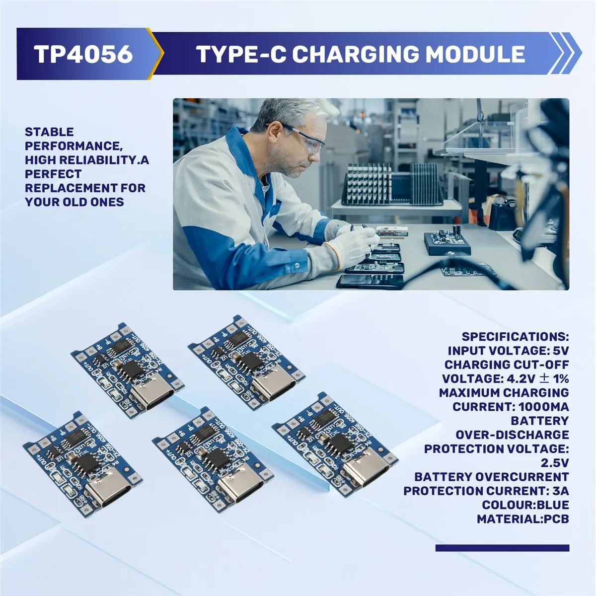 A14M 5pcs 5V 1A TYPE-C 18650 Lithium Battery Charging Board Charger Module with Charging Protection Dual Functions
