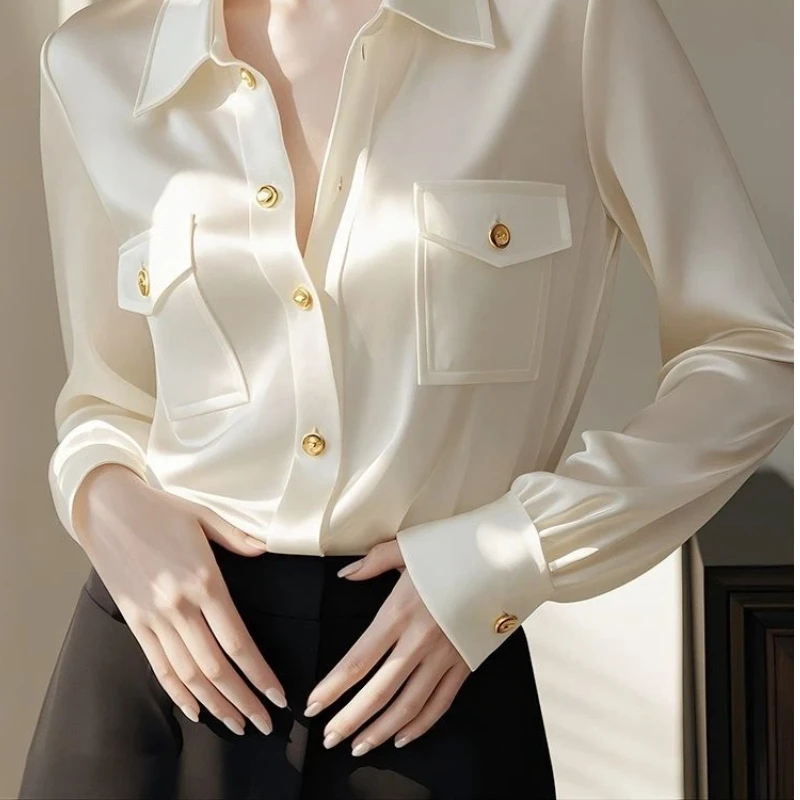 Polo Neck White Long Sleeve Elegant Blouse Spring Autumn New Solid All-match Temperament Shirt Tops Office Korean Women Clothing