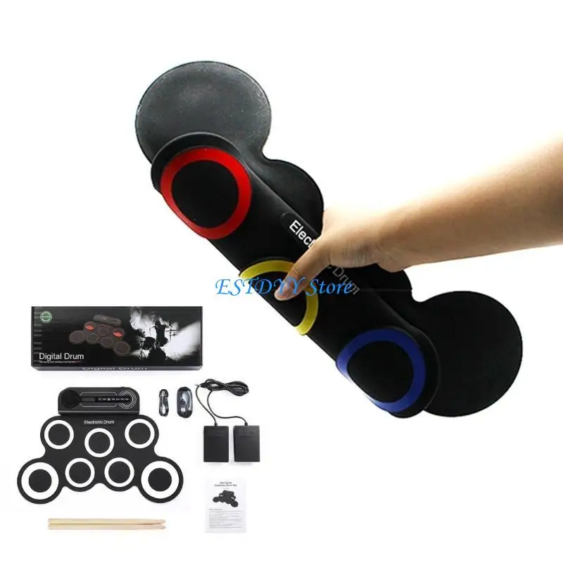 G6DE مجموعة طبلة إلكترونية قابلة للطي وسادة ممارسة سيليكون محمولة مع مكبر صوت أفخاذ دواسة قدم لعبة موسيقية للأطفال